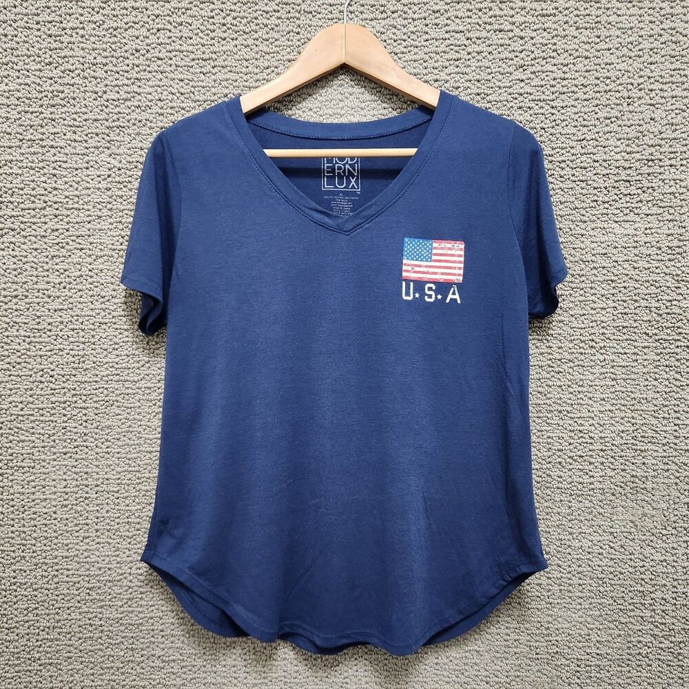 MODERN LUX Women's Blue USA Flag Graphic V-Neck Short Sleeve T-Shirt XL